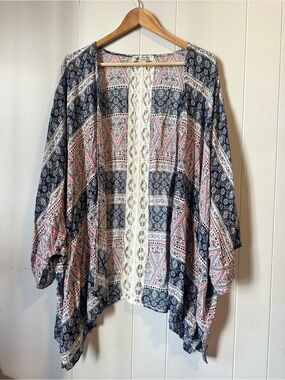 Boho Printed Open Front Tunic Kimono - Navy & Red